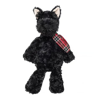 black scottie dog stuffed animal with tartan plaid scarf
