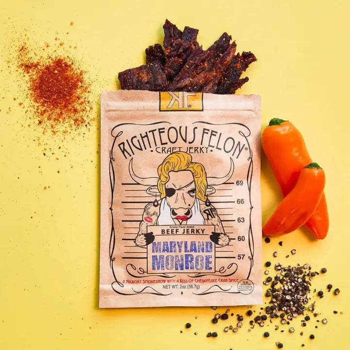 Righteous felon beef jerky package with peppers and spices on a yellow background