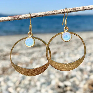 gold hoop dangle earrings with small opal gemstone bezels