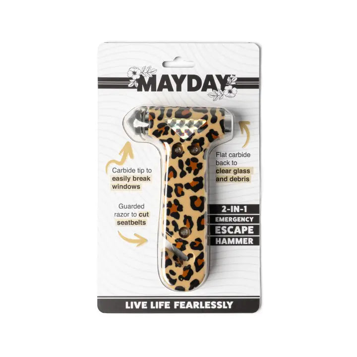 Mayday escape hammer with leopard print design on a white background