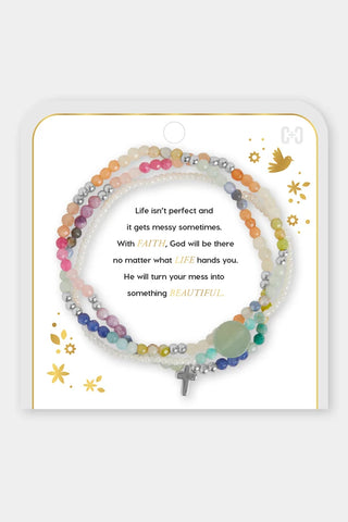 Multicolor bracelet set with silver accents and cross charm 