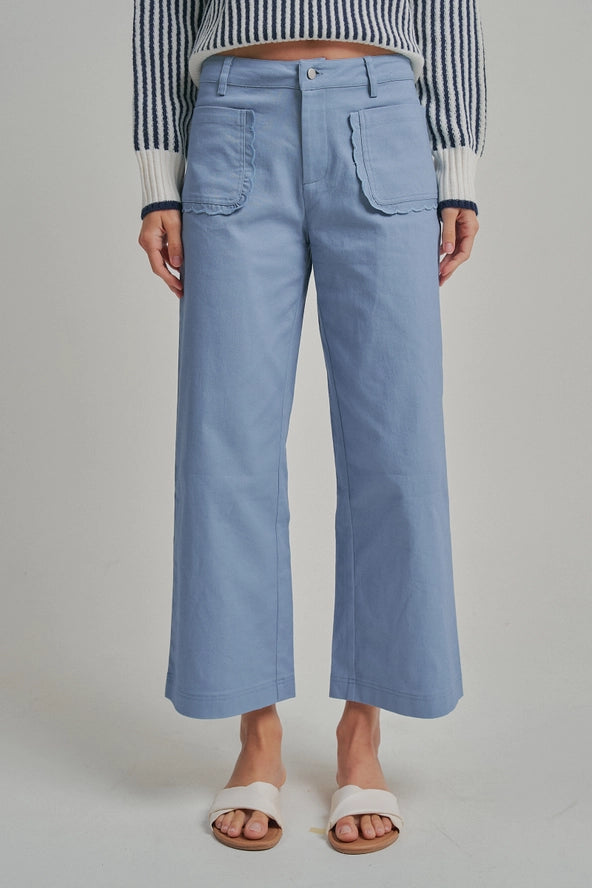 Mid Rise Wide Leg Pants with Scalloped Patch Pockets