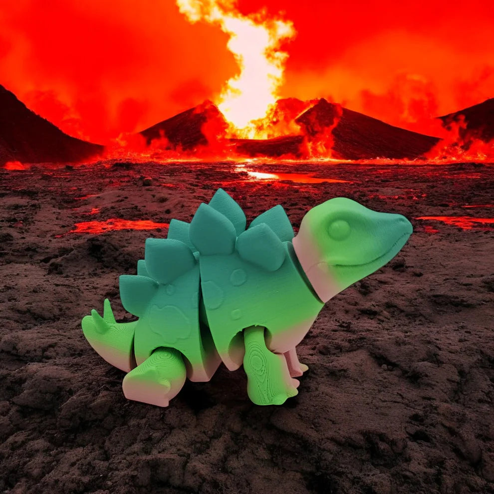 Toy stegosaurus on a volcanic landscape with lava and smoke.