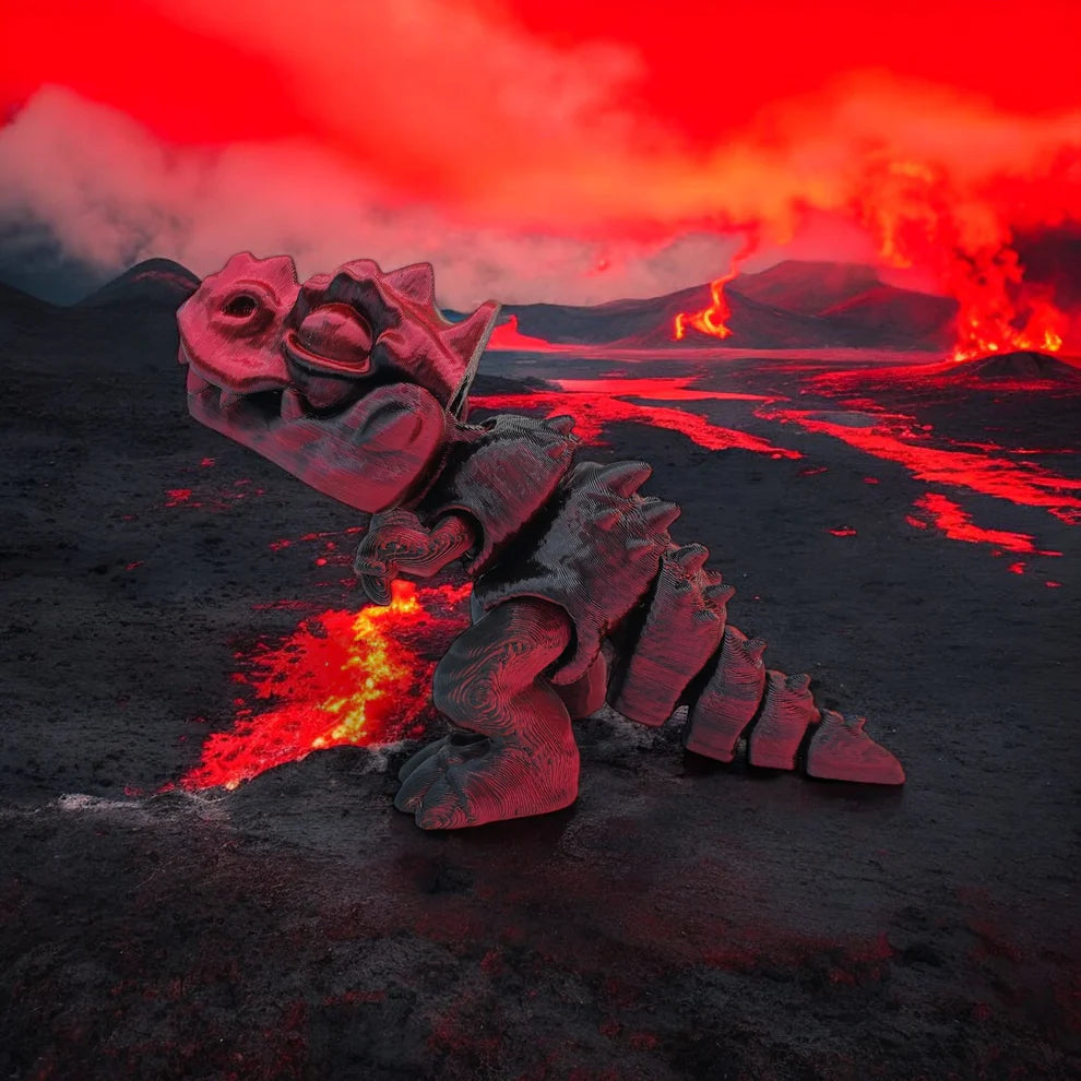 Dinosaur skeleton in a volcanic setting with lava and smoke.