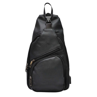 Black leather sling bag on a white background