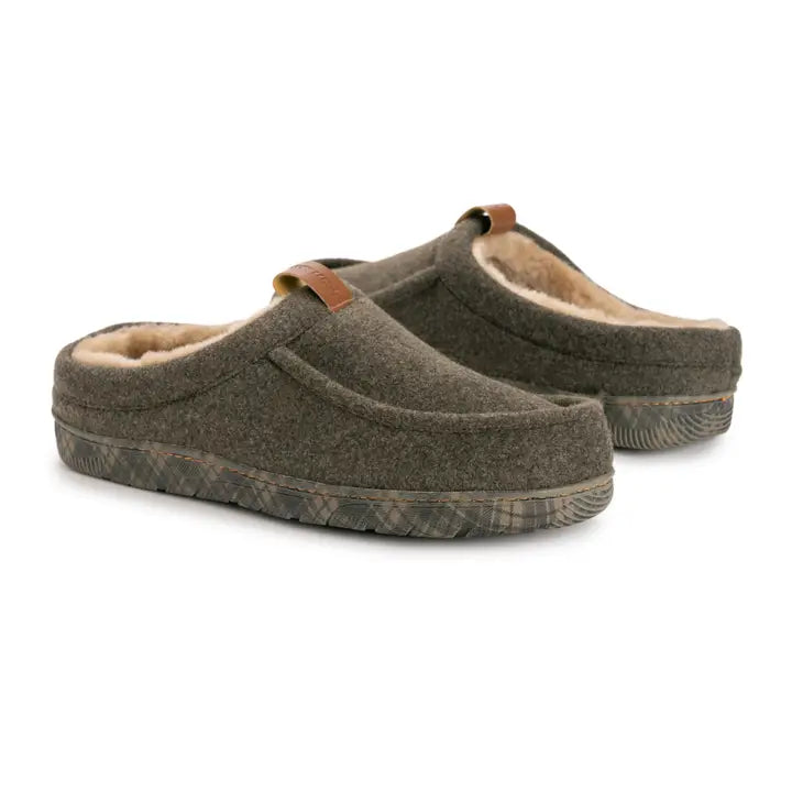 Pair of brown slippers with fur lining on a white background