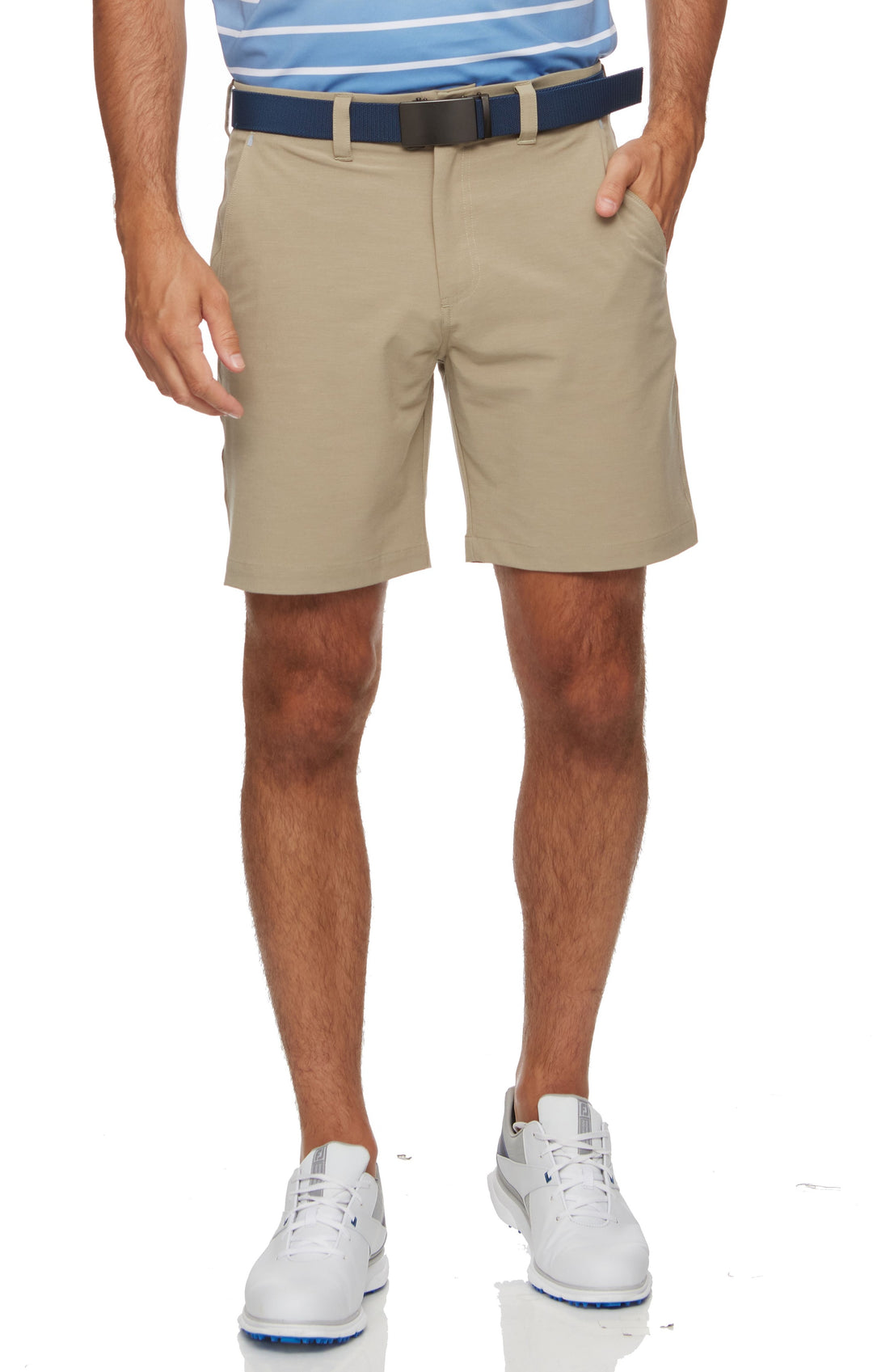 Person wearing beige shorts, a striped shirt, and white sneakers on a white background
