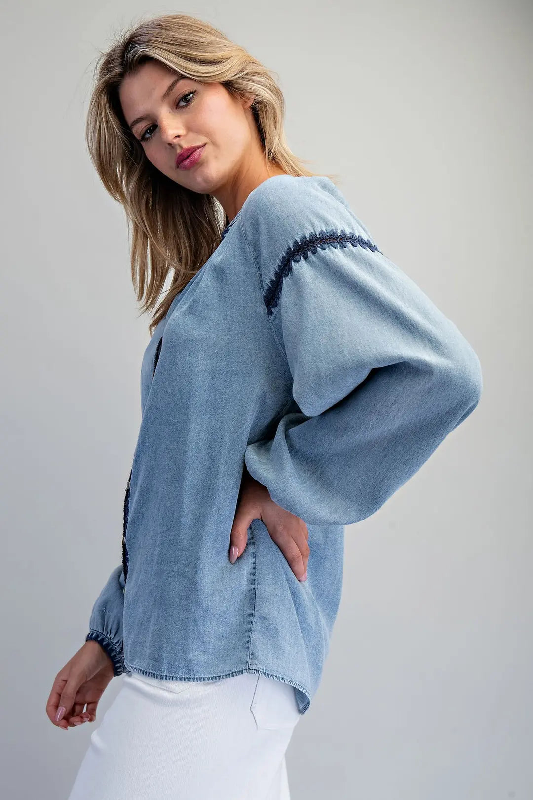 Contrast Mineral Washed Denim Blouse