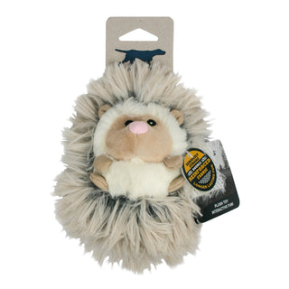 Plush hedgehog toy with packaging on a white background