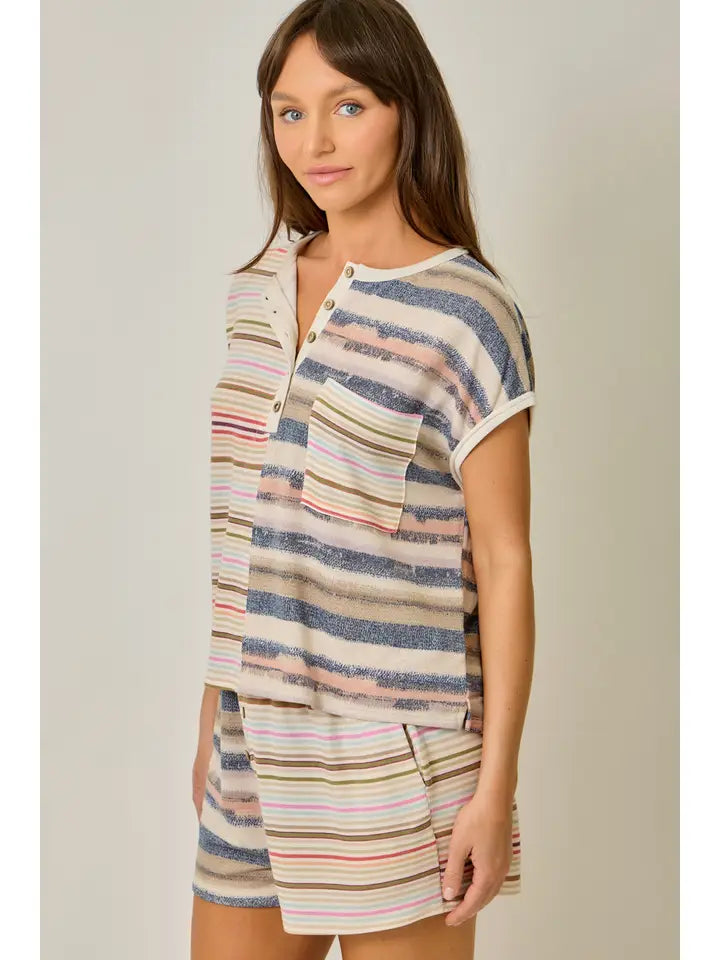 Mixed Stripe French Terry Top in Dusty Pink
