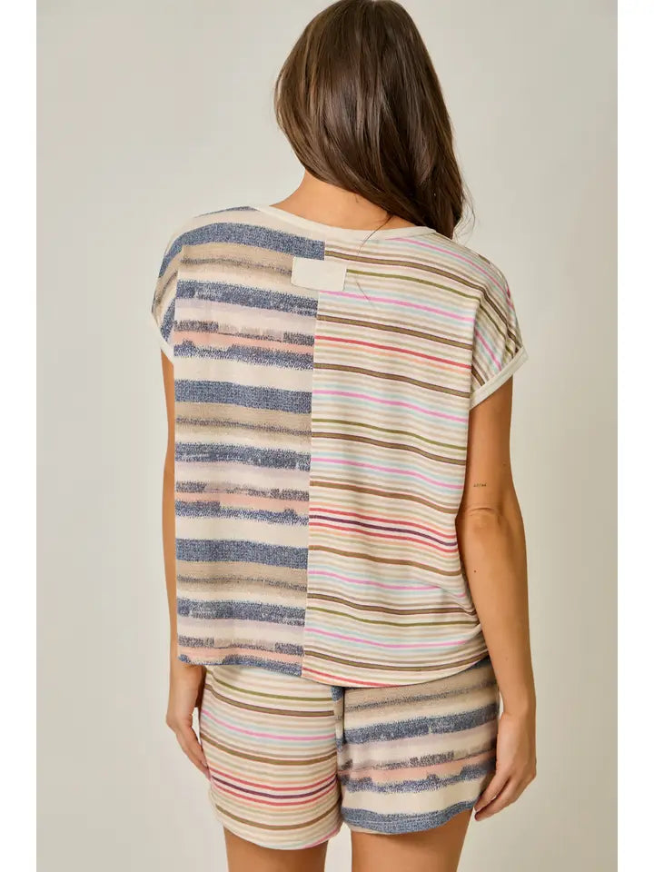 Mixed Stripe French Terry Top in Dusty Pink