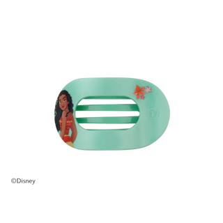 A mint green hair clip featuring an illustration of Disney's Moana on one side and a small orange flower on the other, shown on a plain white background with a Disney copyright watermark in the lower-left corner.