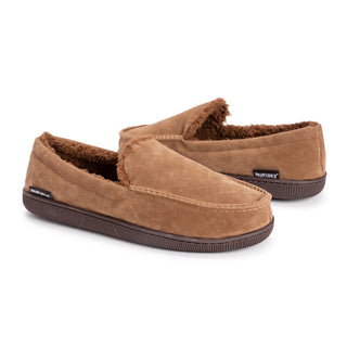 Pair of brown slippers with fuzzy lining on a white background