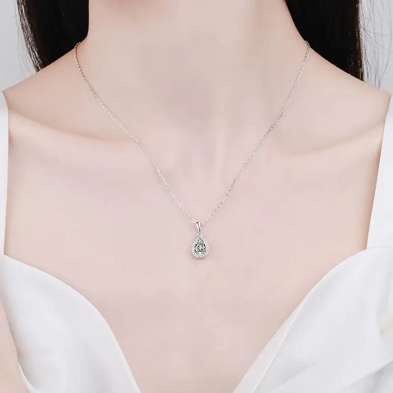Silver Moissanite Halo Teardrop Necklace