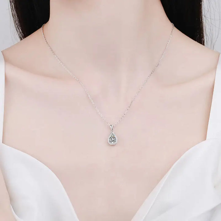 Silver Moissanite Halo Teardrop Necklace