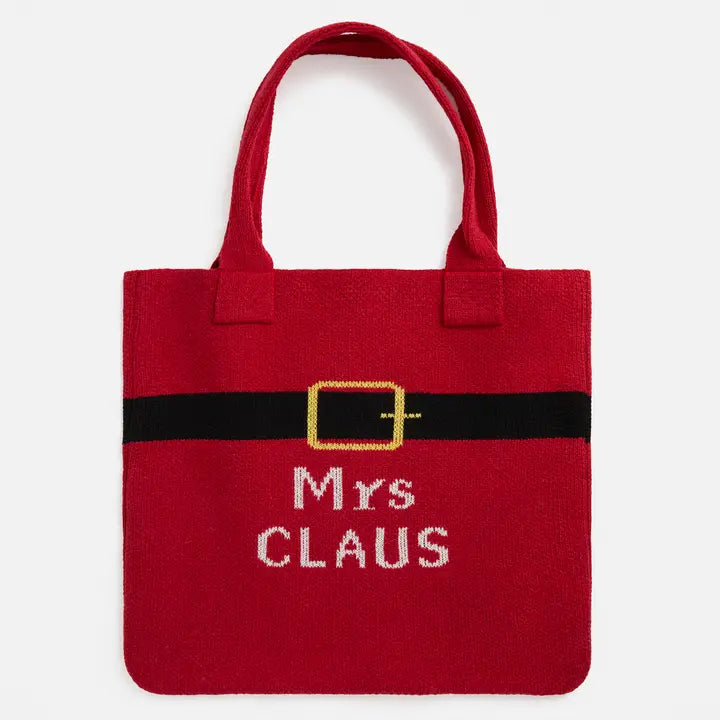 Red tote bag with 'Mrs Claus' text and Santa belt design on a white background
