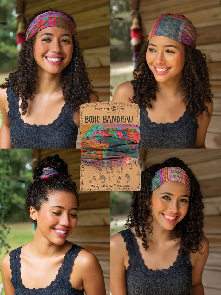 Woman wearing a colorful headband with a product packaging labeled &