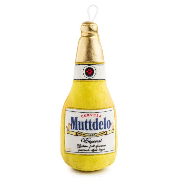 Plush toy shaped like a Muttelo beer bottle on a white background