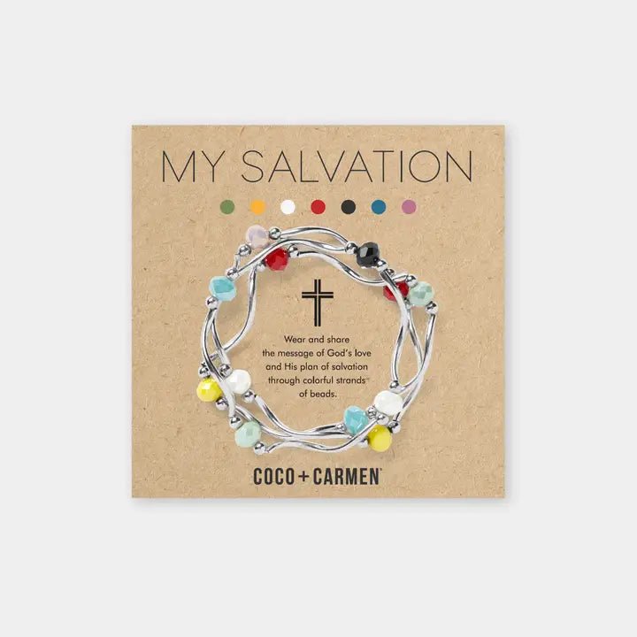 Bracelet with colorful beads on a 'My Salvation' card by Coco + Carmen