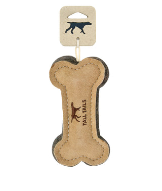 Dog bone-shaped toy with 'Tall Tails' branding on a white background