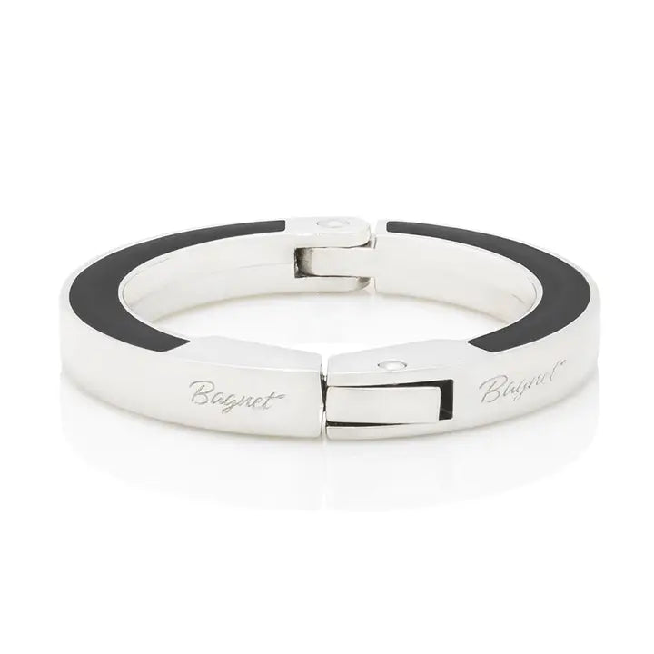 Silver and black bracelet with 'Bamford' branding on a white background