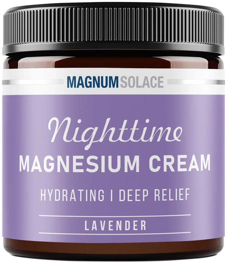Jar of Magnum Solace Nighttime Magnesium Cream with lavender scent on a white background