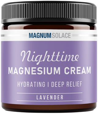 Jar of Magnum Solace Nighttime Magnesium Cream with lavender scent on a white background