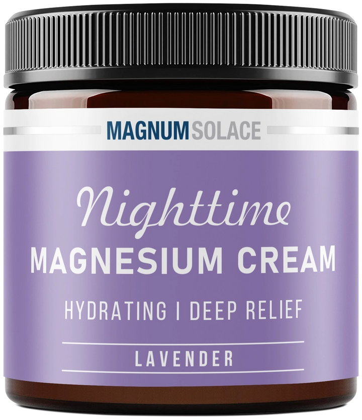 Jar of Magnum Solace Nighttime Magnesium Cream with lavender scent on a white background