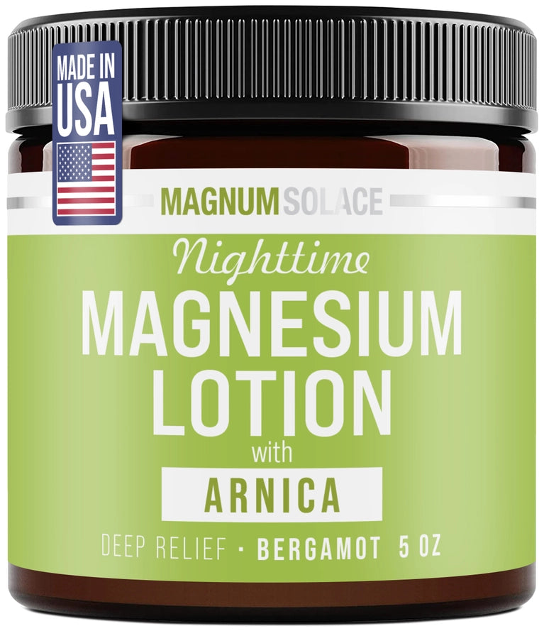 Jar of Magnum Solace nighttime magnesium lotion with Arnica on a white background