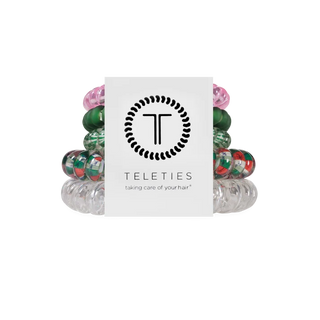 TELETIES spiral coil hair ties in pink, green, festive red print, and clear
