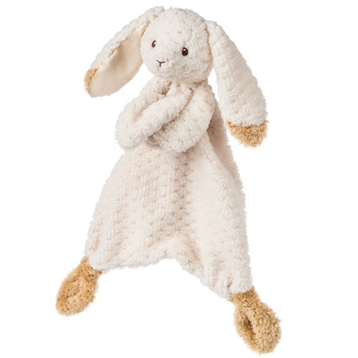 Plush bunny toy with a white body and brown paws on a white background