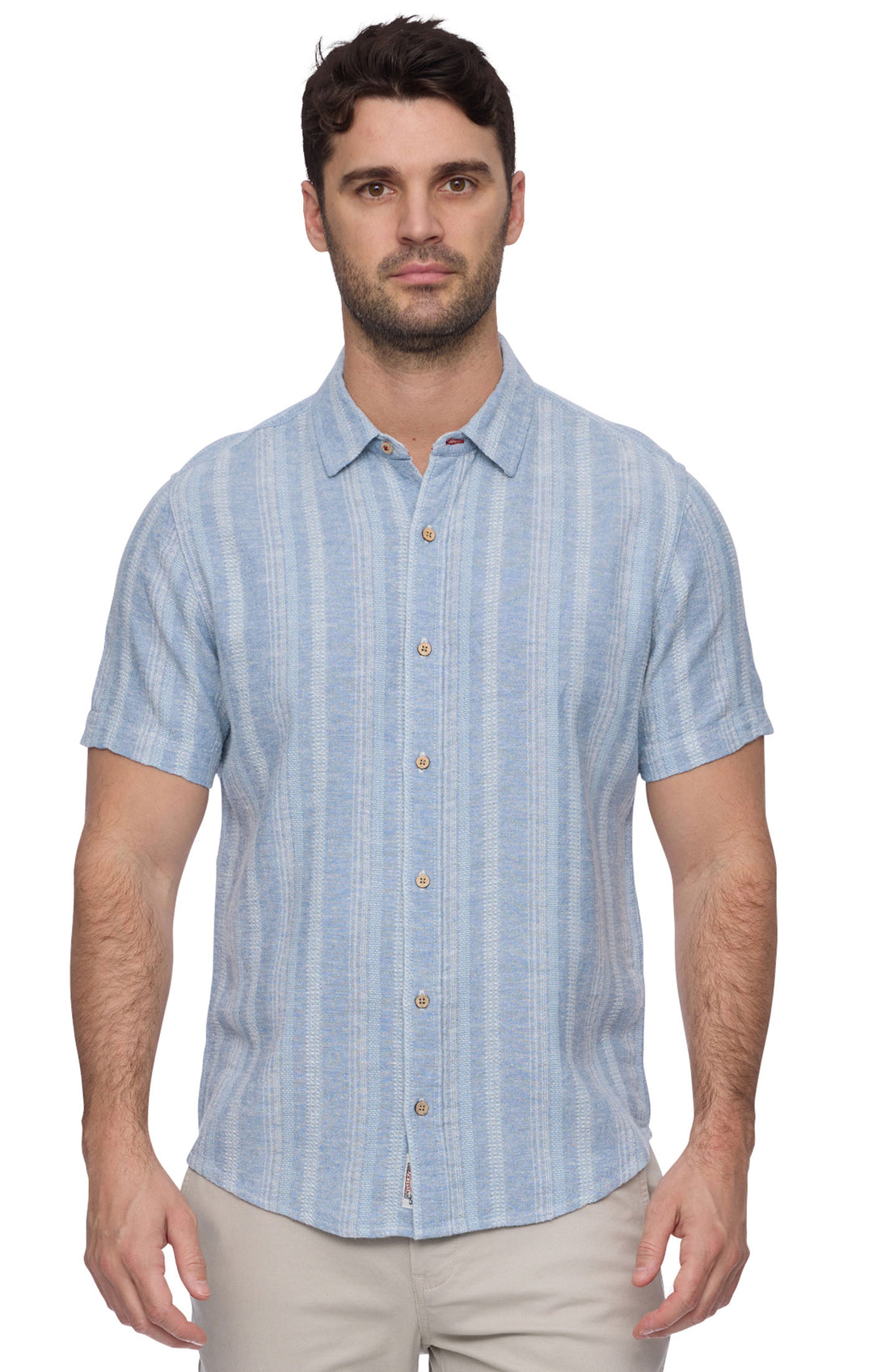 Man wearing a blue striped shirt on a white background
