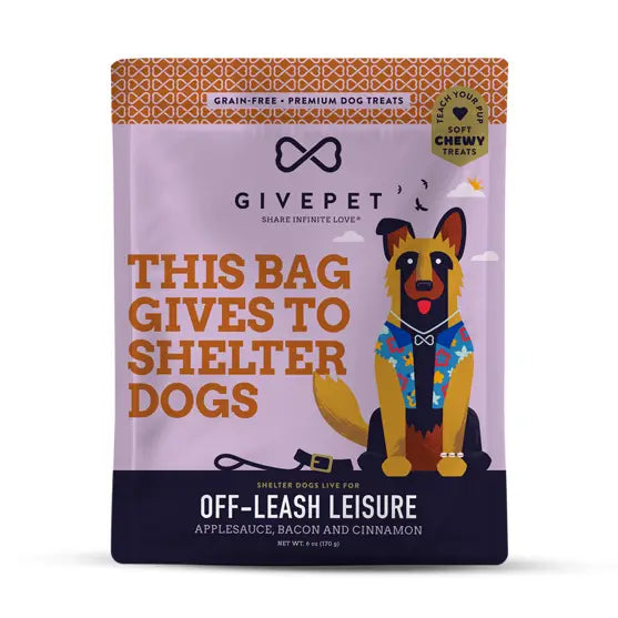 Dog treat package from Givepet with a cartoon dog and text on a white background