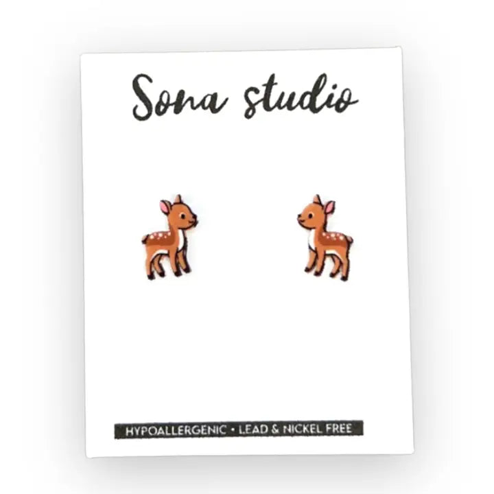 Deer-shaped earrings on a white card with 'Sona Studio' branding.