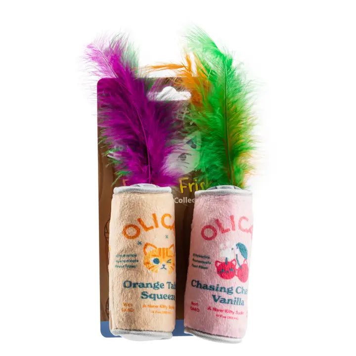 Two cat toys with feather attachments on a white background