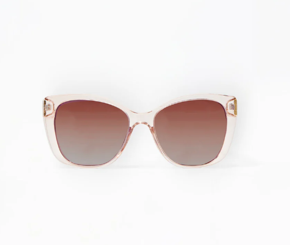 Sunglasses with a rose gold frame and brown gradient lenses on a white background