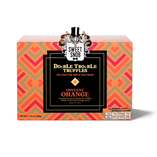 'opulent orange truffles' box with orange and green geometric design
