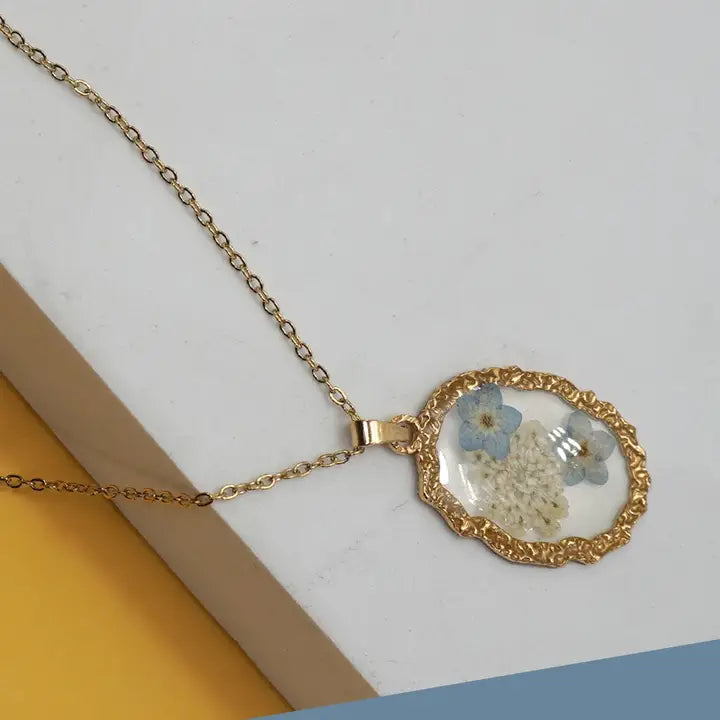 gold oval pressed flower necklace