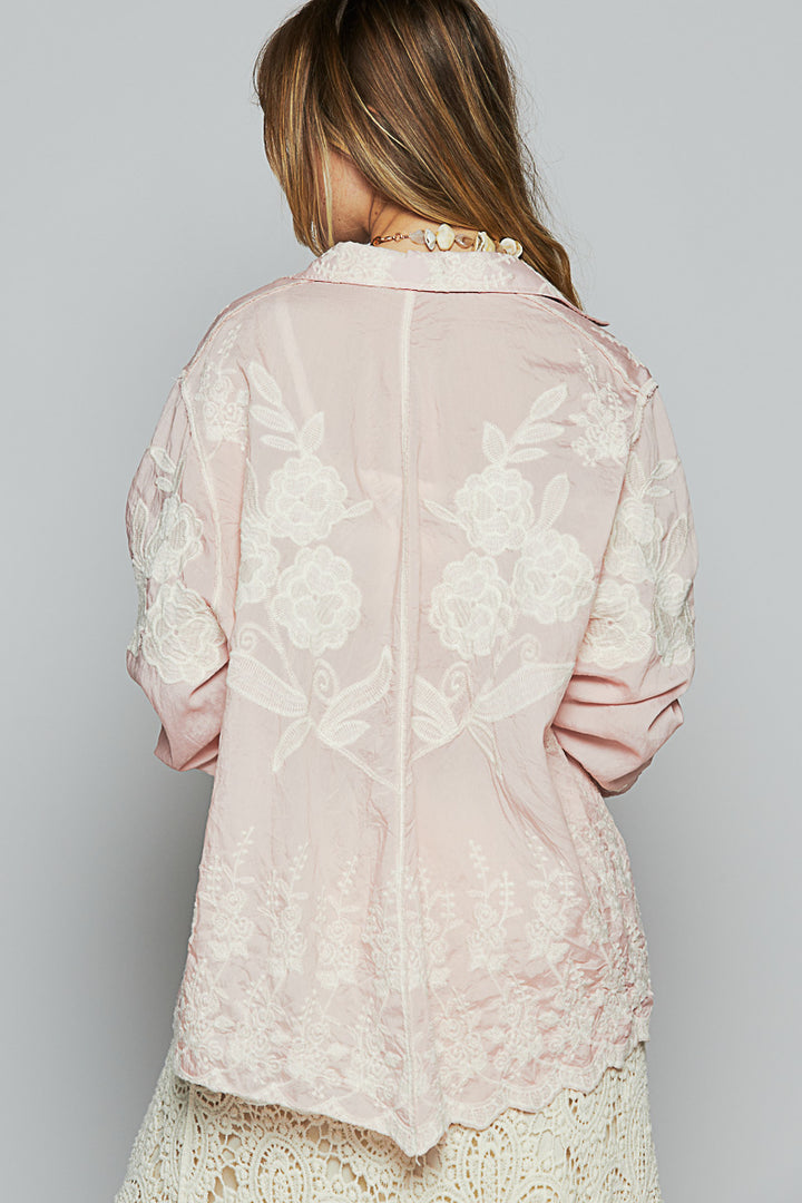 POL Button Up Embroidered Pink Top