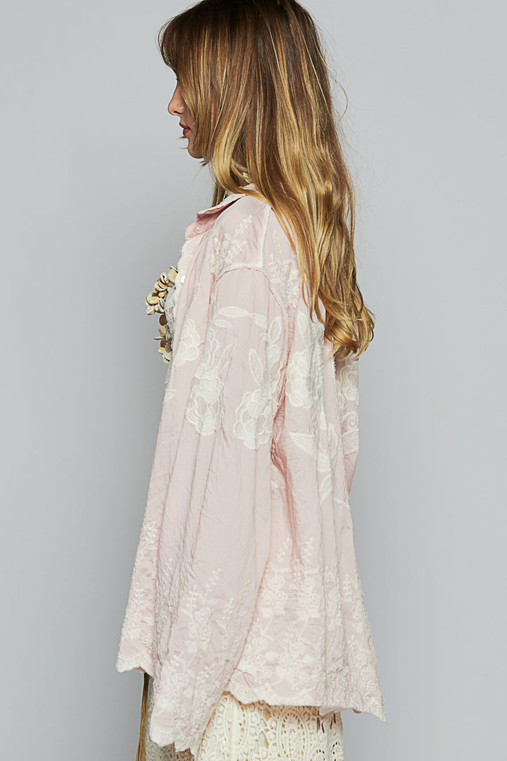 POL Button Up Embroidered Pink Top