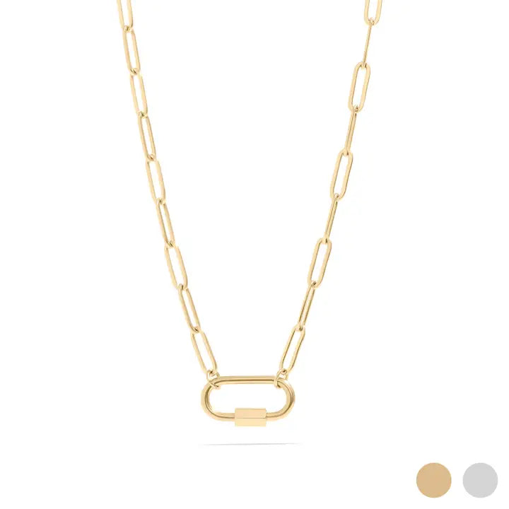 Gold chain necklace with a unique clasp on a white background