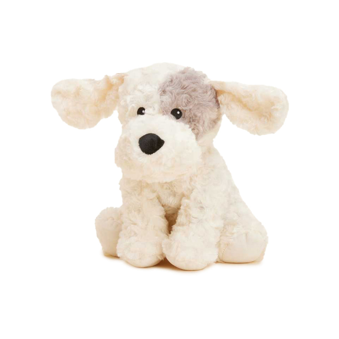 Plush dog toy with a white and gray color scheme on a white background