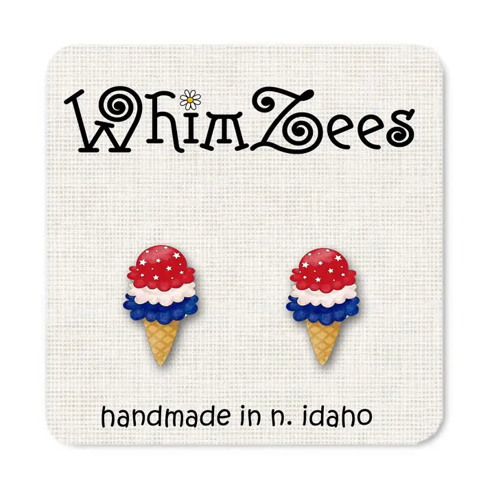 Pair of ice cream cone earrings with red, white, and blue design on a WhimZees branded card.