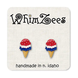 Pair of ice cream cone earrings with red, white, and blue design on a WhimZees branded card.