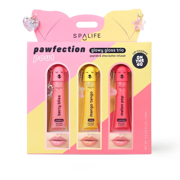 Spalife pawfection glowy gloss trio packaging with three lip glosses in a pink and yellow box.
