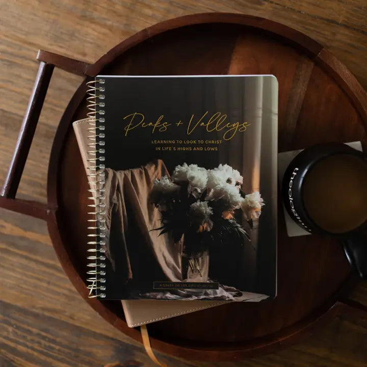 Notebook titled 'Peaks + Valleys' on a wooden surface with a cup and saucer.