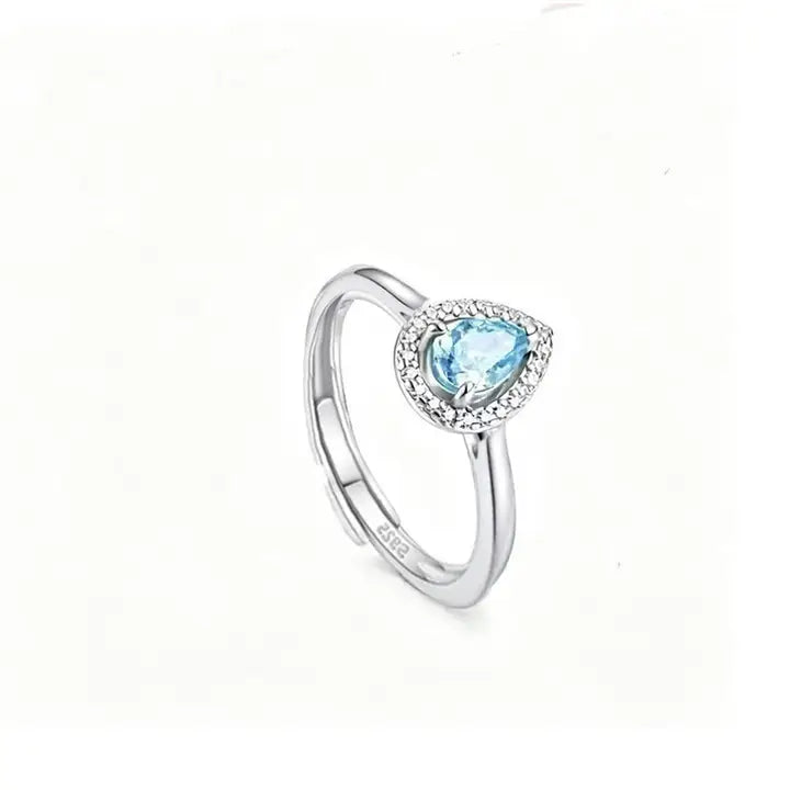 Pear-Cut Aquamarine Teardrop Sterling Silver Adjustable Ring