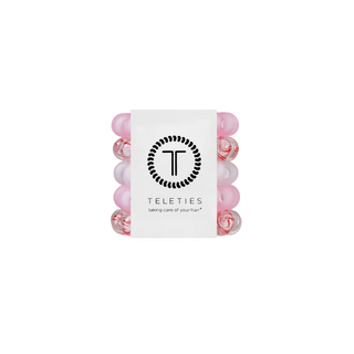 TELETIES mini spiral coil hair ties in pink, red, and white