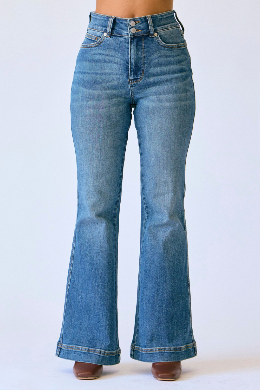 double button high waist flare jeans