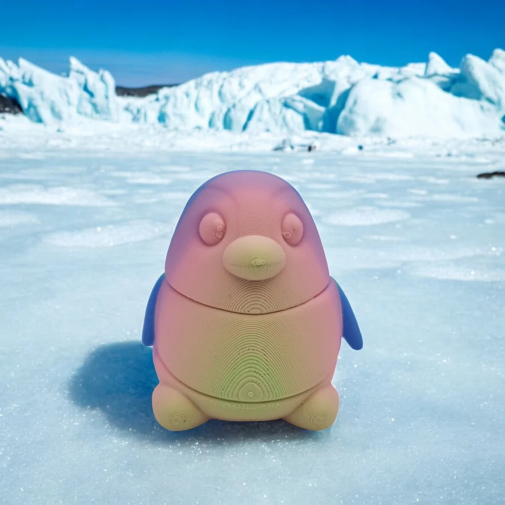 Colorful penguin-shaped object on a snowy landscape with icebergs in the background